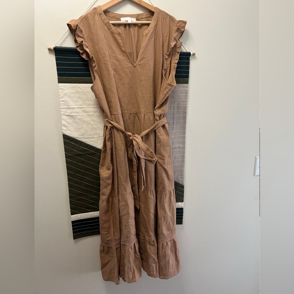 Adyson Parker Women's Linen Blend Tiered Ruffle Pockets Midi Dress